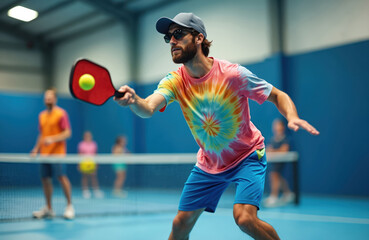 Man plays pickleball on indoor court wearing tie dye shirt. Active male player holds paddle hitting ball during game. Sport, recreation, leisure, fun activity, competition.