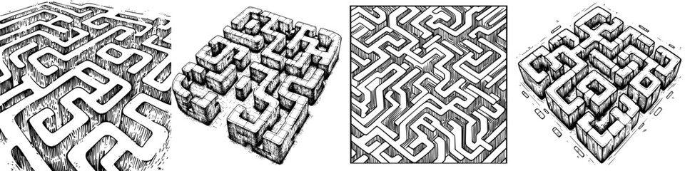 Intricate maze designs with various patterns and pathways crafted in detailed black and white style