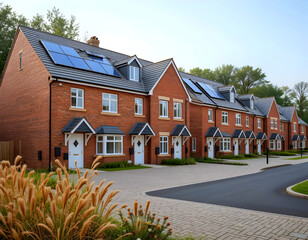 Newly built modern houses with solar panels in the UK.