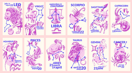 Hand drawn zodiac signs illustration sticker set. Horoscope background with constellations.