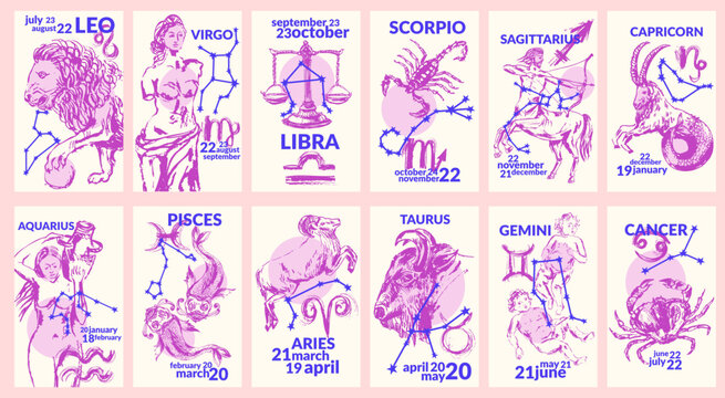Hand drawn zodiac signs illustration sticker set. Horoscope background with constellations.
