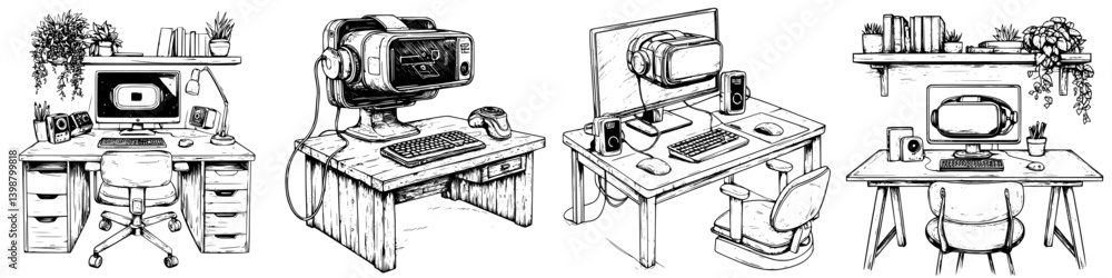 Poster multiple detailed sketches of modern workstations showcasing technology and creativity in a minimali