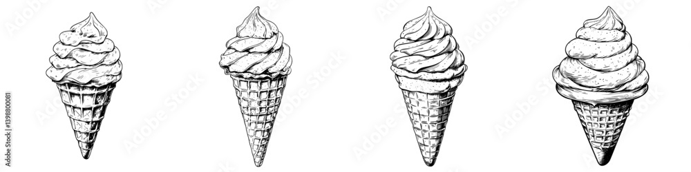 Poster different styles of ice cream cones displayed in a row, showcasing unique whipped toppings and textu