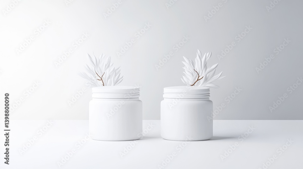 Poster white jars with sprigs minimalist clean design studio lighting frontal centered shot product display