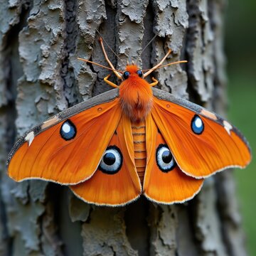 Regal Moth, Citheronia regalis, giant silk moth with vibrant colors resting on oak tree bark. Insect with huge wings, eye spots. Exotic wildlife scene.