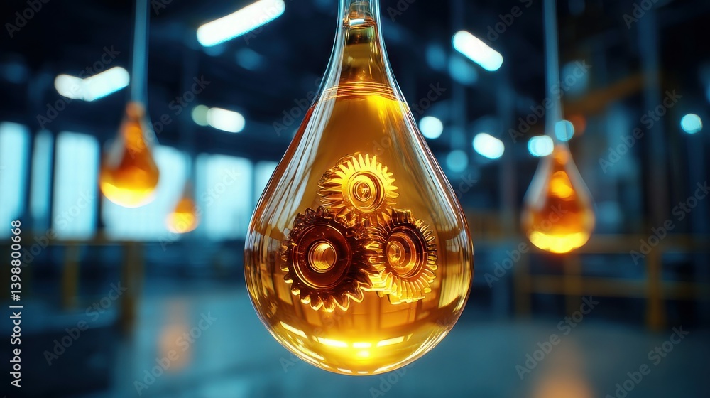 Poster an artistic view of an oil drop with gears inside, representing mechanical engineering and efficienc