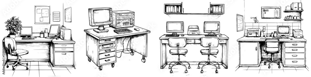 Poster workspaces featuring desks with computers and office supplies in a professional setting during dayli