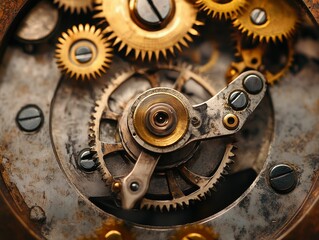 This close-up reveals the complex design of an antique clock mechanism, highlighting brass gears and polished elements that showcase craftsmanship over time.
