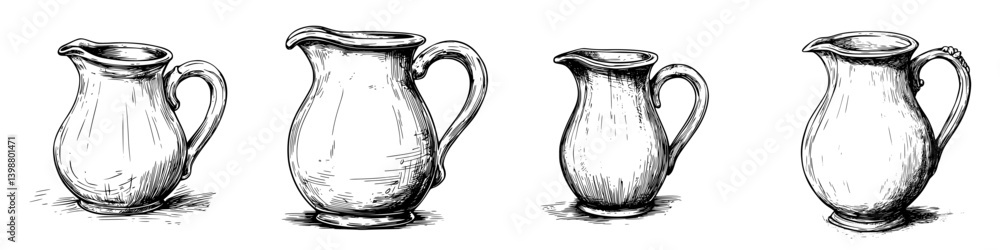 Poster different styles of traditional ceramic pitchers arranged in a row against a plain background