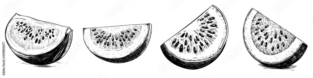 Poster assorted slices of watermelon displayed in a sketchy artistic style showcasing the fruit?s vibrant t
