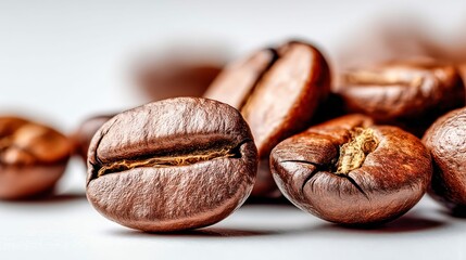 Close-up view showcases freshly roasted coffee beans, revealing intricate textures and rich colors.