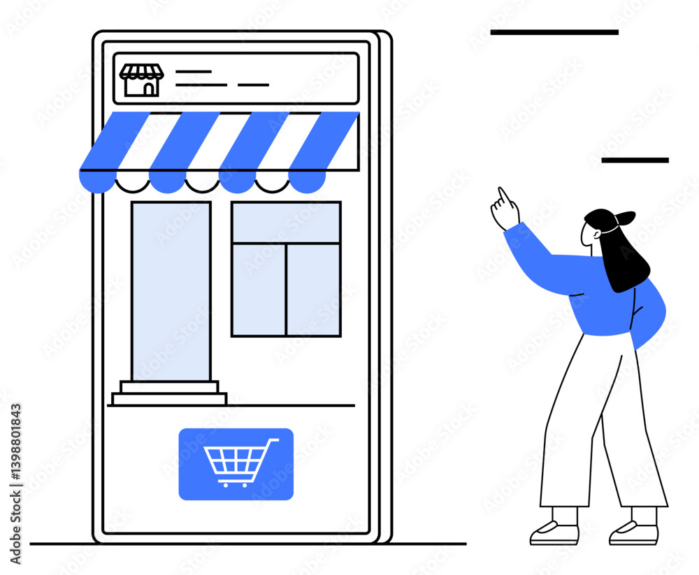 Aufkleber woman pointing at a large smartphone screen displaying an online storefront with a shopping cart but