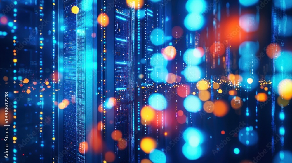 Poster an impressive abstract depiction of a data center with illuminated servers and a bokeh effect.