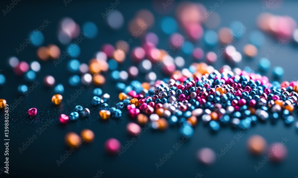 Poster a vibrant collection of colorful seed beads is scattered across a dark surface, creating a textured 