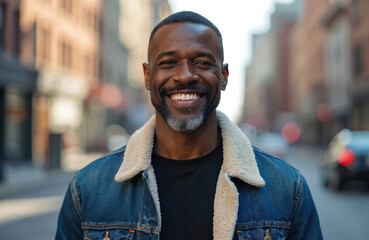 Fototapeta premium Mature black man smiles, stands city street. Portrait of handsome african american guy wearing casual attire. Happy face, grey beard. Urban lifestyle concept, joy happiness. Modern, confident,