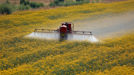 Naklejka premium Farmer Applying Pesticide in a Yellow Flower Field During Daytime
