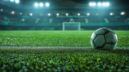Fototapeta premium Soccer Ball Resting on Green Field Under Stadium Lights 