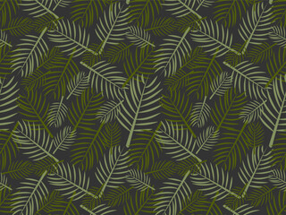 Seamless tropical pattern with green palm leaves on a dark background. Natural exotic foliage ornament for textile, wallpaper, packaging, or print design.