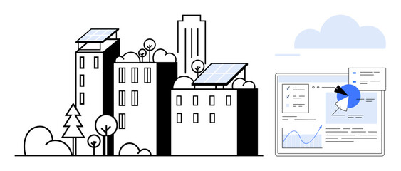 Fototapeta premium Urban buildings with rooftop solar panels surrounded by greenery. Data analytics dashboard highlighting progress and environmental insights. Ideal for sustainability, energy, urban planning