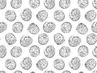 Hand-drawn seamless raspberry pattern. Black and white sketch fruit background. Vintage berry illustration for fabric, wrapping paper, packaging, or kitchen decor.