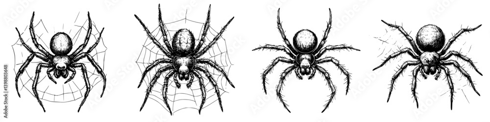Poster detailed illustrations of various spider types showing their unique features and web structures in b