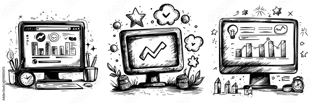 Poster creative digital illustrations of three computer screens displaying various graphs and charts in a w