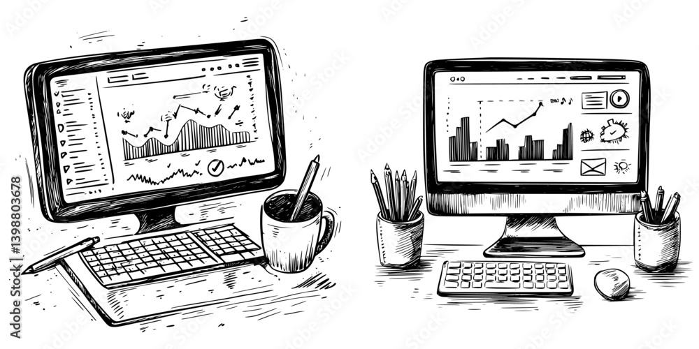 Poster charts and data analysis displayed on computer screens in a modern workspace during daylight hours