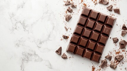 A chocolate bar with chocolate chips on top of a marble counter
