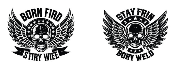 Grungy biker skull with flaming wings and 'Born Wild, Stay Free' in bold vintage typography, tattoo-style vector © msmdesign