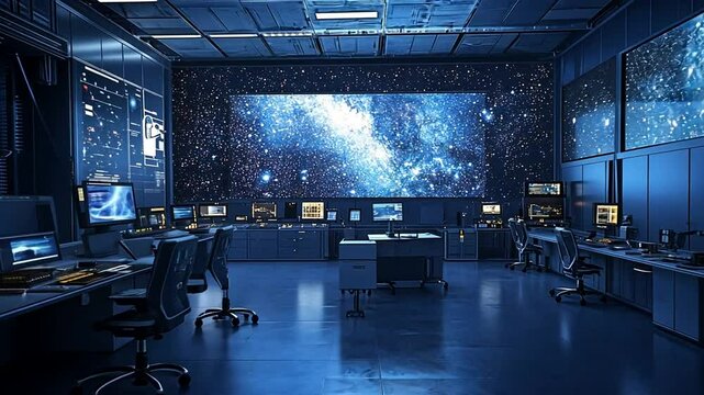 Futuristic Control Room with Galaxy Display and Advanced Technology