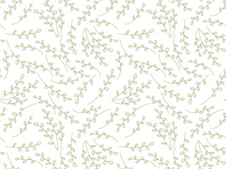 Seamless pattern featuring delicate green branches with leaves on a crisp white background. Ideal for textiles, packaging, digital projects, and design work, adding a fresh and natural touch to your.