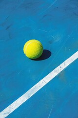 Pelota de tenis amarilla sobre cancha azul con líneas blancas bajo luz solar