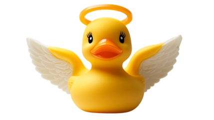 White rubber toy duck with angel wings and halo isolated over white