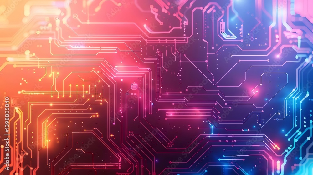 Poster abstract circuit board with glowing lines in gradient colors displaying technological communication