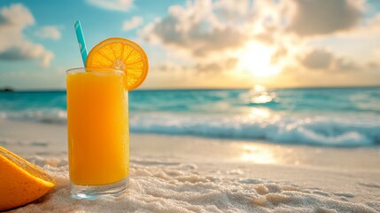 Orange juice with straw and slice on beach at sunset with ocean waves and cloudy sky view image