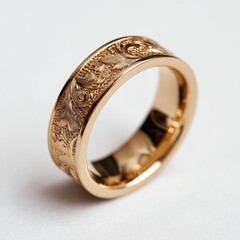 Ornate gold ring with floral engravings isolated on white background