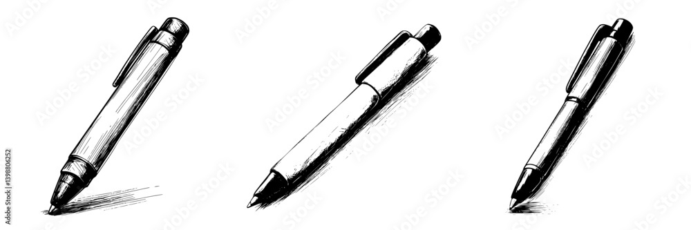 Poster various sketches of a pen demonstrating different angles and details in a minimalist style