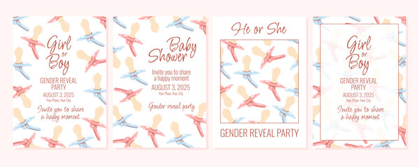Girl or boy invitation, gender reveal party. Blue and pink baby pacifier background and pattern. Hand drawn vector flat illustration, a4 vertical posters set for happy moment, greeting card, postcard