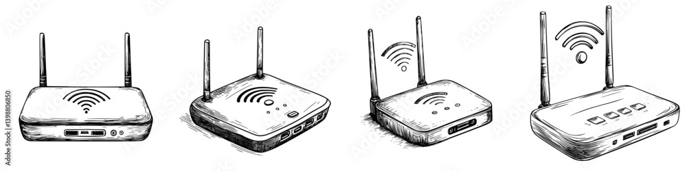 Poster different styles of wireless routers illustrated in a sketchy design showing connectivity and techno