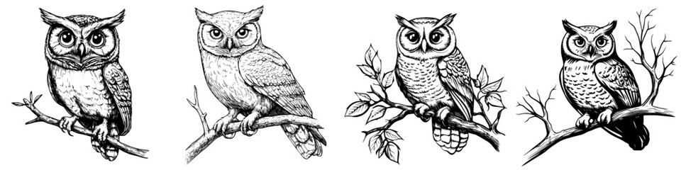 Obraz premium Detailed black and white illustrations of four different owl species perched on branches