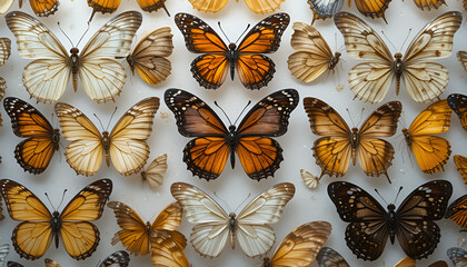 Create an image of a diverse collection of preserved butterflies with various wing patterns and colors displayed on a textured surface.

