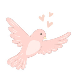 Pink Dove Bird Symbol Icon. Hand Drawn Doodle Peace and Freedom Mascot Character. Cute Lovely Childish Outline Pet Silhouette. Baby Room Interior or Wedding Romantic Decoration