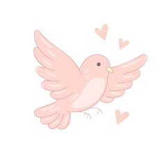 Pink Dove Bird Symbol Icon. Hand Drawn Doodle Peace and Freedom Mascot Character. Cute Lovely Childish Outline Pet Silhouette. Baby Room Interior or Wedding Romantic Decoration