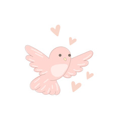 Pink Dove Bird Symbol Icon. Hand Drawn Doodle Peace and Freedom Mascot Character. Cute Lovely Childish Outline Pet Silhouette. Baby Room Interior or Wedding Romantic Decoration