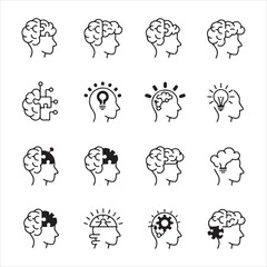 Set of modern, clean brain icons in black and white, illustrating different psychological states and thought processes