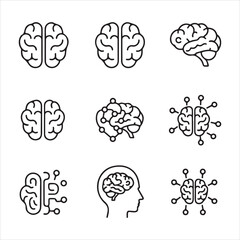 Set of abstract brain illustrations in black and white representing various mental processes, activities, and states