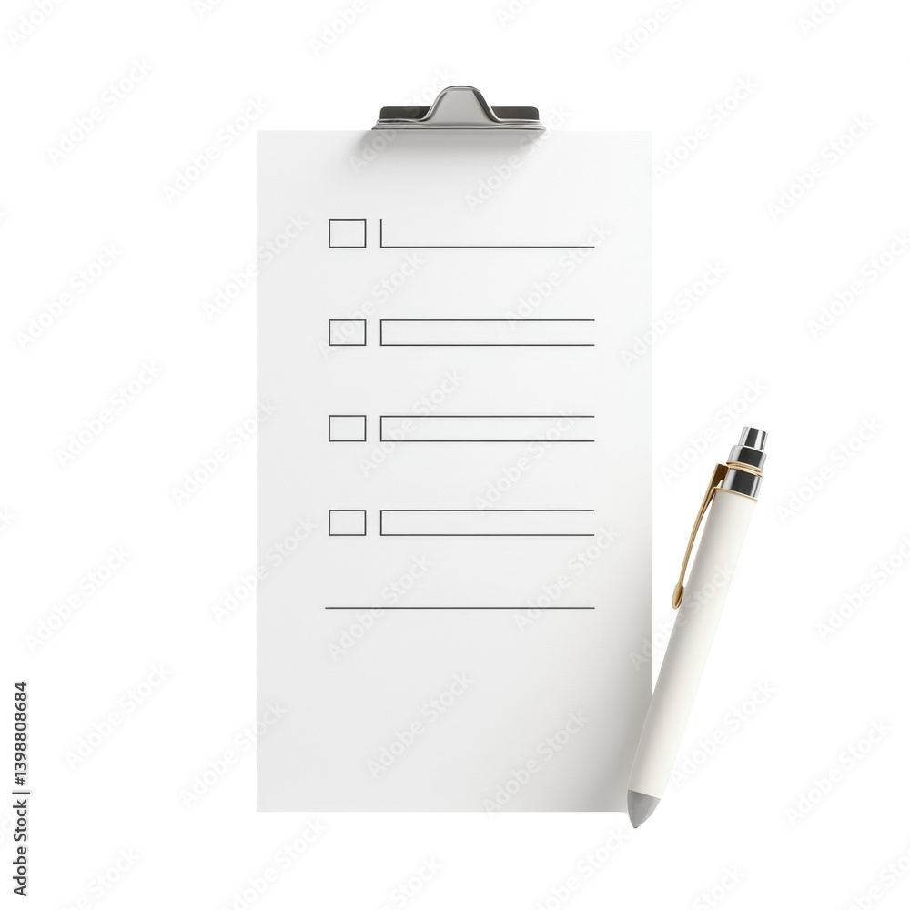 Poster checklist on white paper with attached clip board and pen for writing tasks and notes