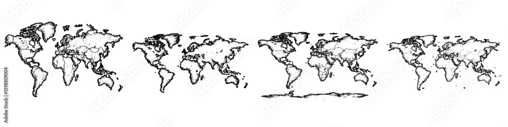 Poster world maps showing different styles of projection in black and white on a light background