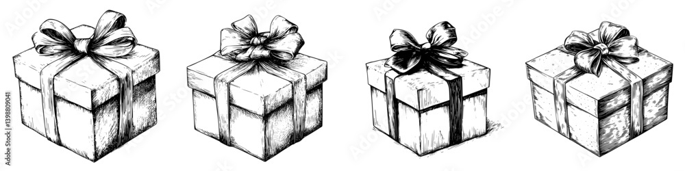 Poster gift boxes with decorative bows arranged in a row on a white background showcasing intricate designs
