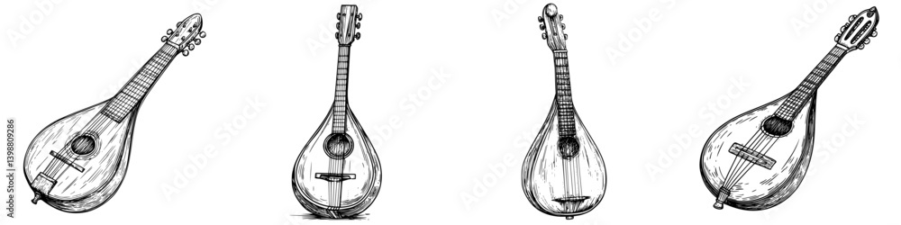 Poster various styles of mandolins displayed in a line showcasing craftsmanship and design details